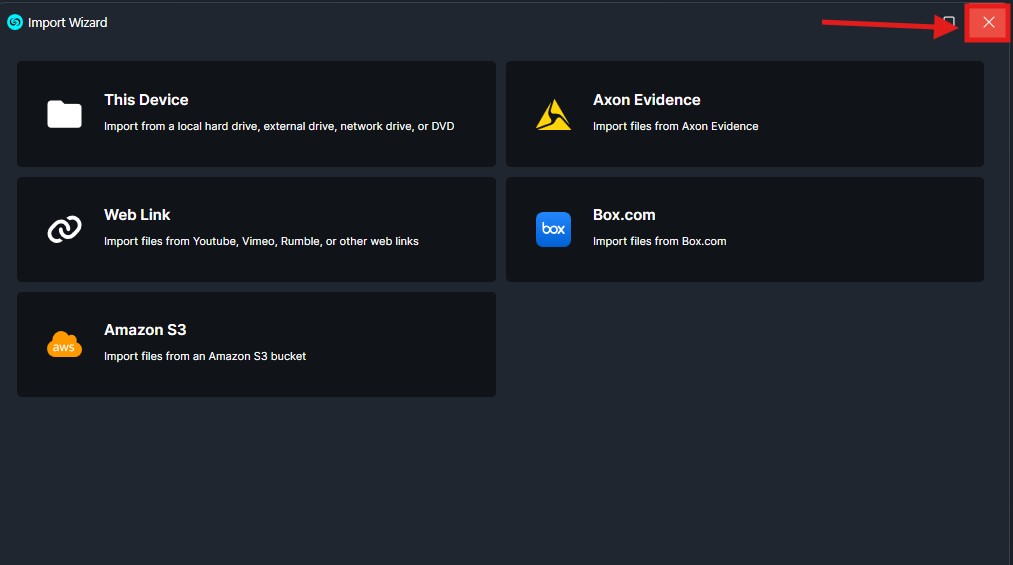 Import Wizard dialog offering import sources: This Device, Axon Evidence, Web Link, Box.com, and Amazon S3; close button at top-right.