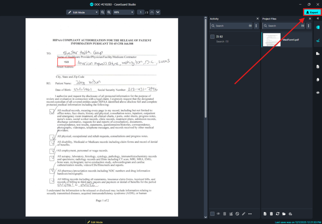Screenshot of a HIPAA authorization form titled 'HIPAA Compliant Authorization for the Release of Patient Information' with handwritten recipient and patient details visible on a software workspace