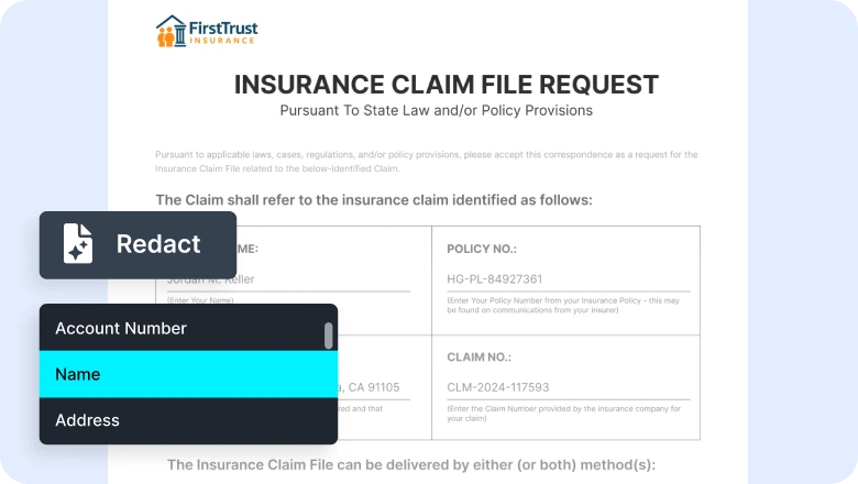 Automatically redact faces, names, SSNs, addresses, & other information from insurance claims