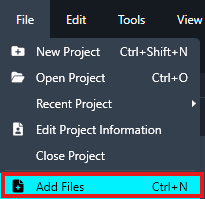 Dropdown menu showing File, Edit, Tools, View;'Add Files' (Ctrl+N) is highlighted among Project options.