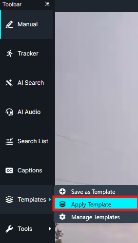 Dark left toolbar labeled 'Toolbar' showing menu items (Manual, Tracker, AI Search, AI Audio, Search List, Captions, Templates); 'Apply template' is highlighted in the Templates submenu.