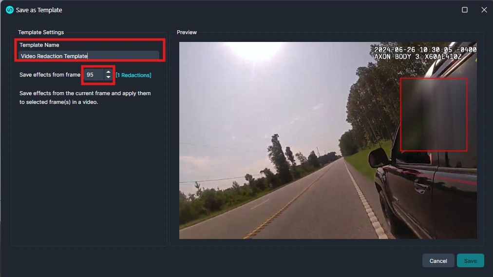 Screenshot of a video template editor showing Template Name and a redaction area in the preview on a car window.