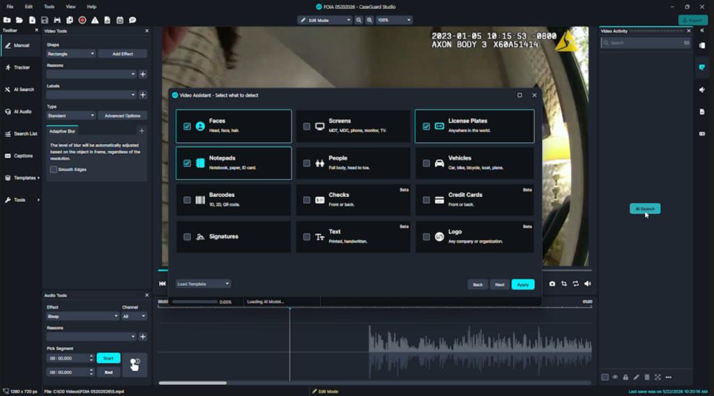 Dark-themed video editor screen showing a pop-up'Video Assistant – Select what to detect' with categories like Faces, License Plates, Barcodes, Text, and Signatures on a grid.