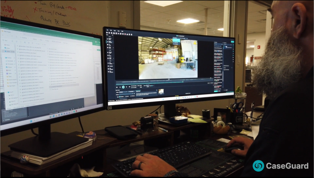 Bearded man at a desk editing video on two widescreen monitors; CaseGuard logo bottom right.