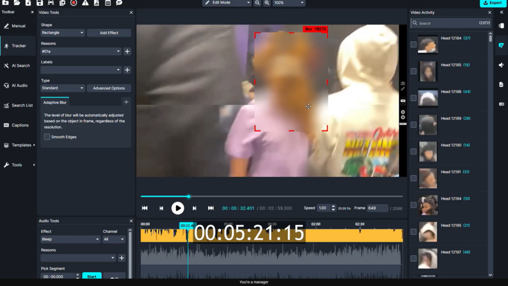Applying a tracker to cover a student's hair over a few dropped frames.