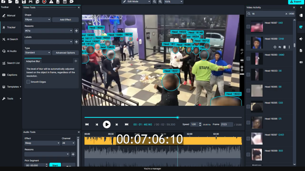 Show the process of disabling effects to unredact individuals in video with CaseGuard.