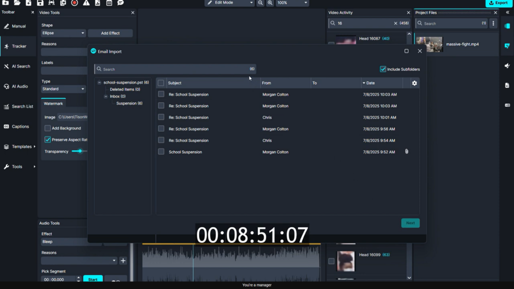 The .pst file being imported into CaseGuard through the dedicated import wizard.